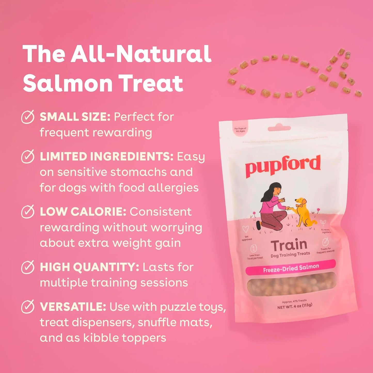 Pupford Freeze Dried Training Treats for Dogs & Puppies, 475+ Two Ingredient Bites (Salmon, 4 oz)