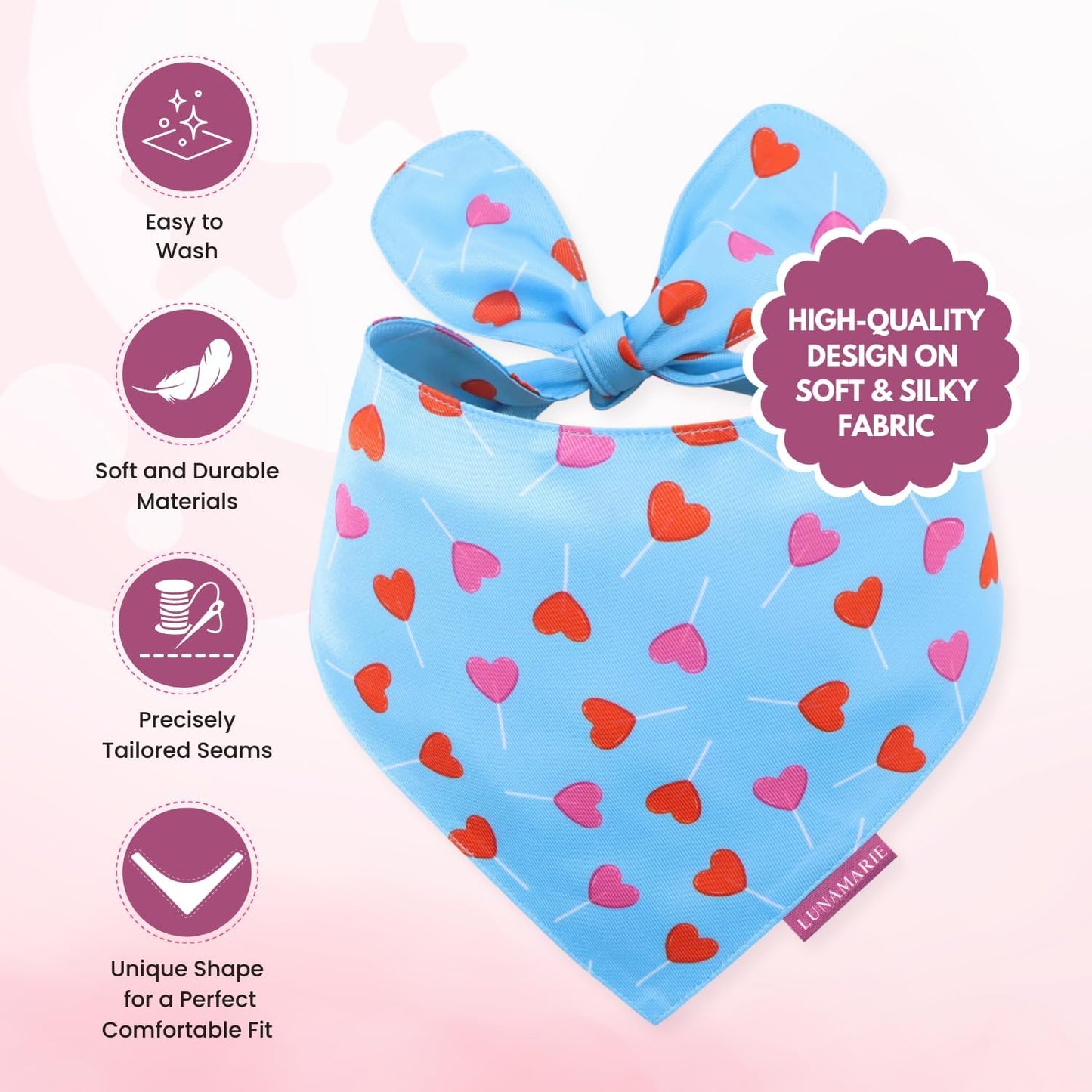 LunaMarie - Luxury Pet Birthday Bandanas -Premium & Silky Poly Fabric | 100% Handmade | Custom Shape Dual Layered (LoviePop, Medium)