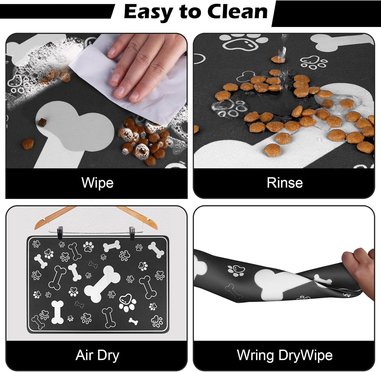 Pet Feeding Mat,Rapid Absorbent Mats for Dog Cat Food, Dog Placemat Water Bowl Mat with Rubber Backing,Messy Drinkers to Protect Floors, Pet Accessories 17"×29" Black