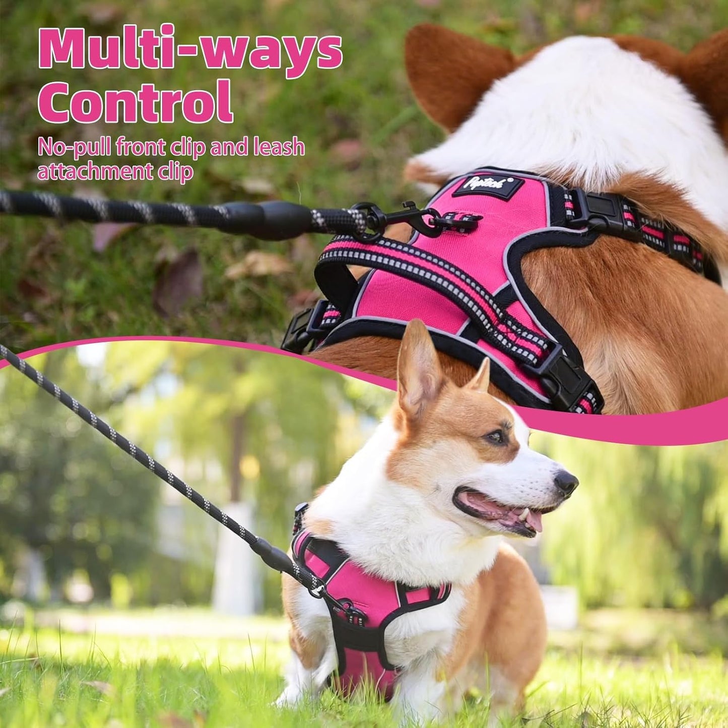 PUPTECK No Pull Dog Harness Medium Sized, Adjustable Reflective Dog Harness with Handle Easy Control, Comfortable Soft Padded Pet Vest Harness for Medium Dogs, Fuschia M