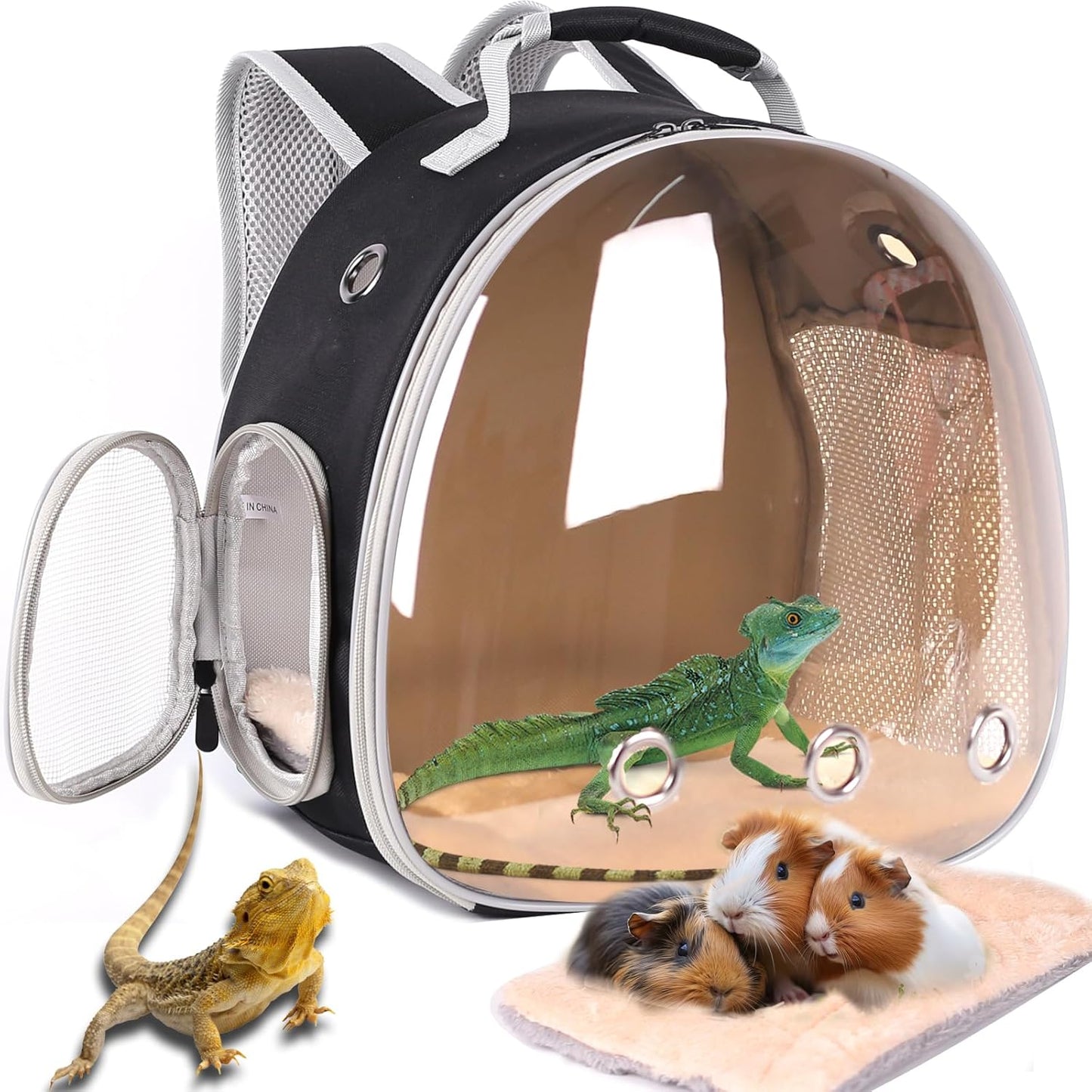 Bearded Dragon Backpack Carrier with Clear Bubble Window for Small Animal,with Soft Warm Mat Set,Guinea Pig Carrier for 2,Reptile Travel Carrier for Lizards Sugar Glider Hedgehog Rat Parrot Birds