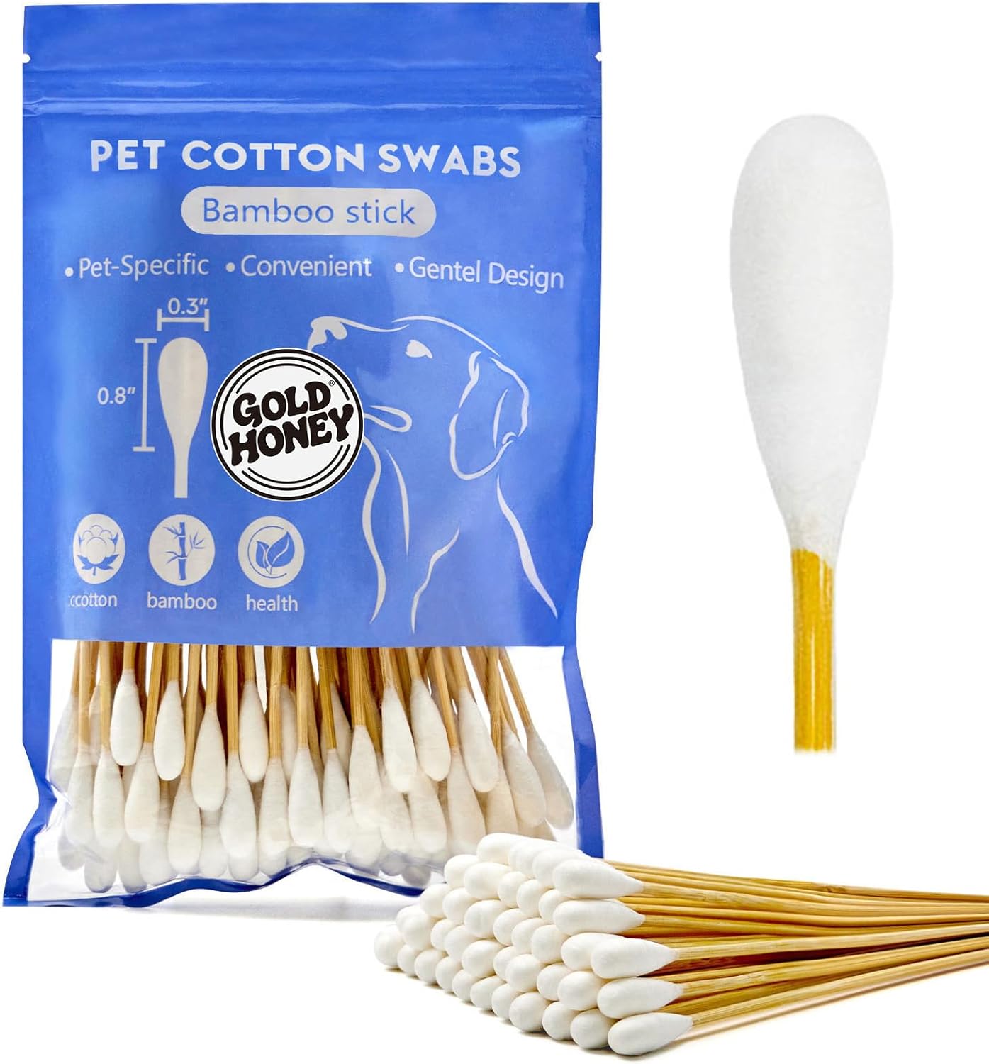 GOLD HONEY 6 Inch Large Cotton Swabs, 100PCS Dog Ear Swabs with Bamboo Handle for Dogs, Pet-Specific, Gentle Design, Lint-Free, Canine Cotton Stick Ear Cleaning