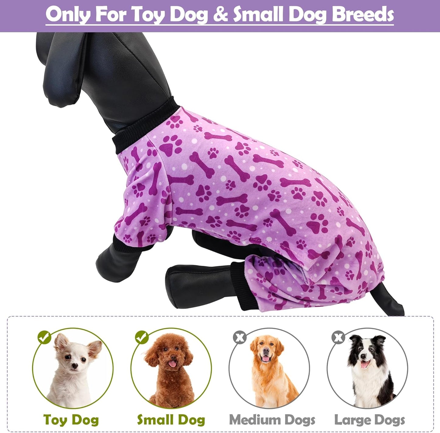 PET SHOW 4 Pack Small Dog Pajamas Paw Bone Patterns Cute Clothes for Medium Dogs Soft Fleece Stretchy PJs 4 Legged Jumpsuit Puppy Cats Onesies Outfits with Sleeve Dachshund Doggies Girl Boy (Small)