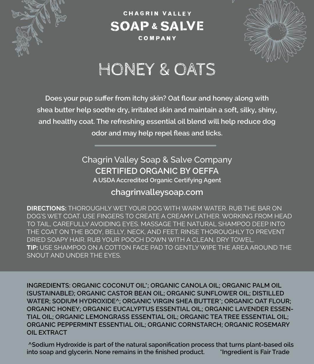 Chagrin Valley Soap & Salve Certified Organic Dog Shampoo and Conditioner – Dog Shampoo Itchy Skin Relief and Puppy Essentials - Natural Handmade Honey & Oats, 3.8 oz Bar Soap