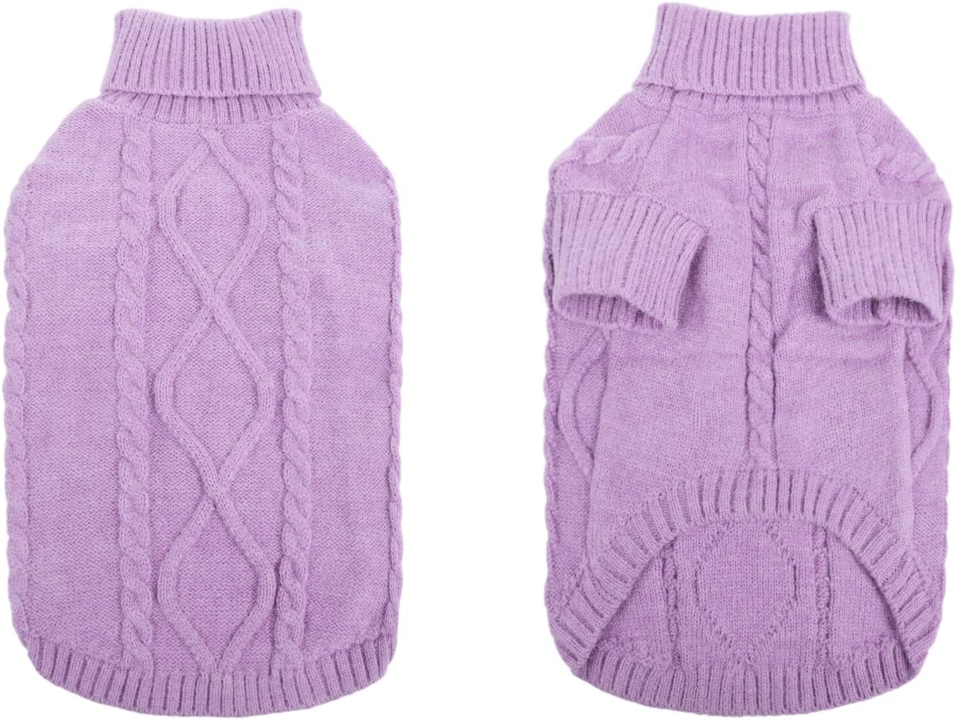Queenmore Small Dog Pullover Sweater, Cold Weather Cable Knitwear, Classic Turtleneck Thick Warm Clothes for Chihuahua, Bulldog, Dachshund, Pug (Lilac, X-Large)