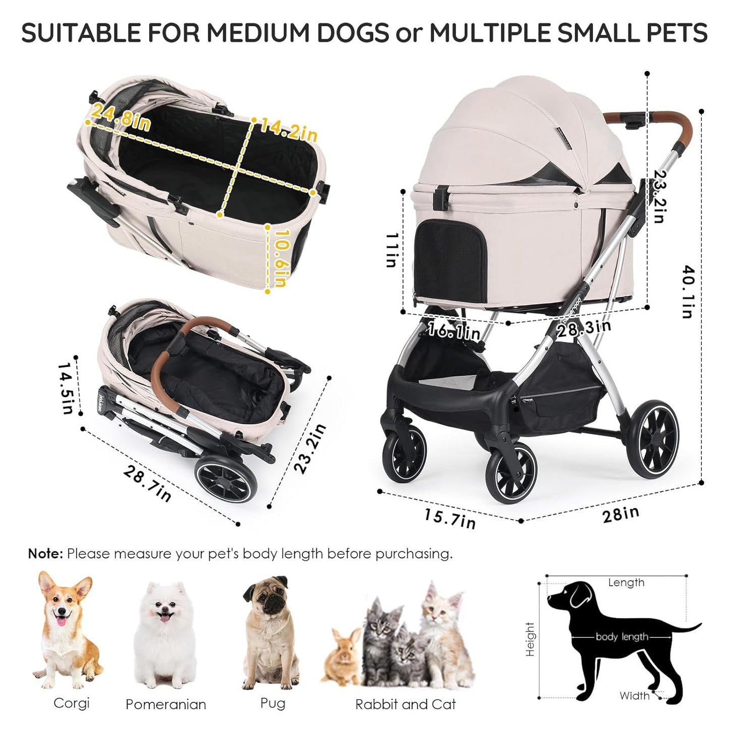 T5 Luxury Pet Stroller for Medium Dog Under 60lbs or 2 Small Dogs & Cats with 180 ̊Canopy, Sun Shades, Auto-Folding Stroller for Multiple Pets（Beige）