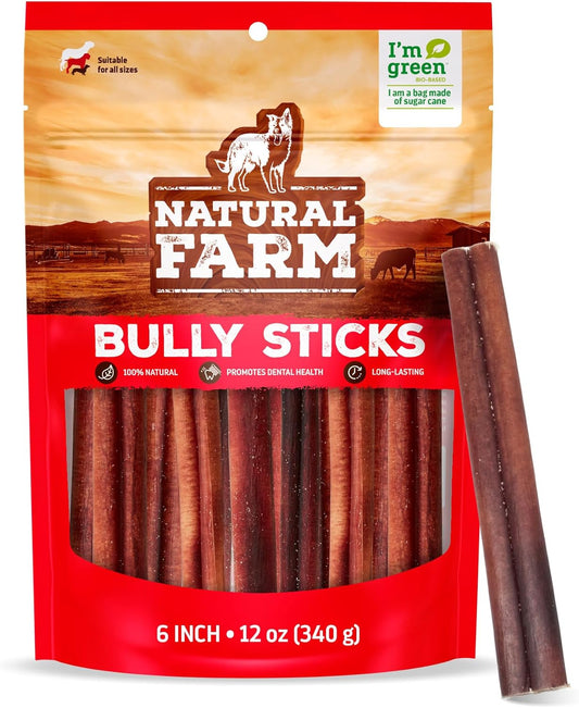 Natural Farm Bully Sticks, Odor-Free, (6 Inch, 12 Ounces), Packaged by Weight, 100% Beef Pizzle Chews, Grass-Fed, Fully Digestible Treats to Keep Your Puppies, Small and Medium Dogs Busy