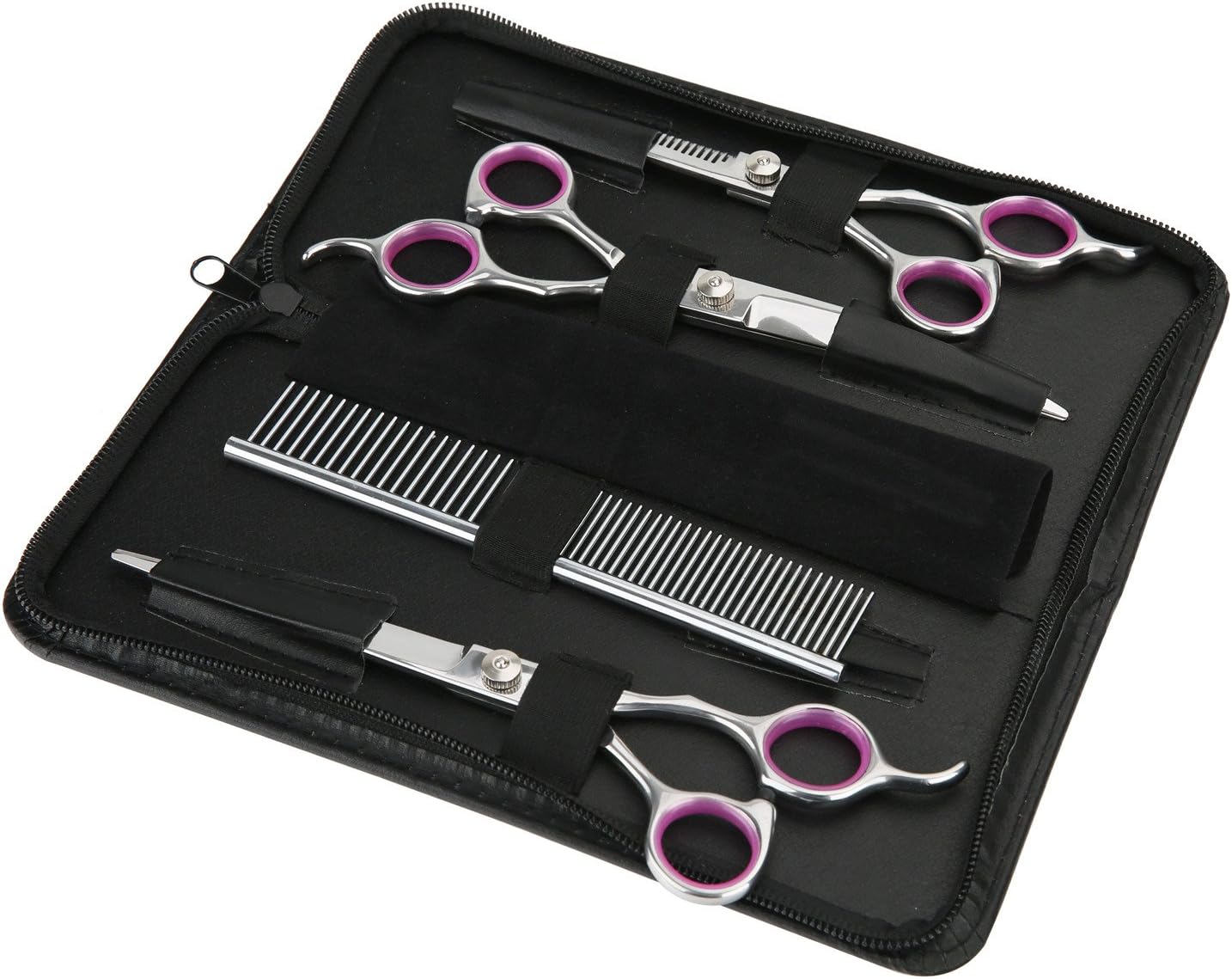 GEMEK Pet Cat Dog Grooming Scissors Set 4 Pieces Stainless Steel Professional Pet Trimmer Kit - 7.5 inch Straight Cutting, Thinning Shears, Curved, Grooming Combs