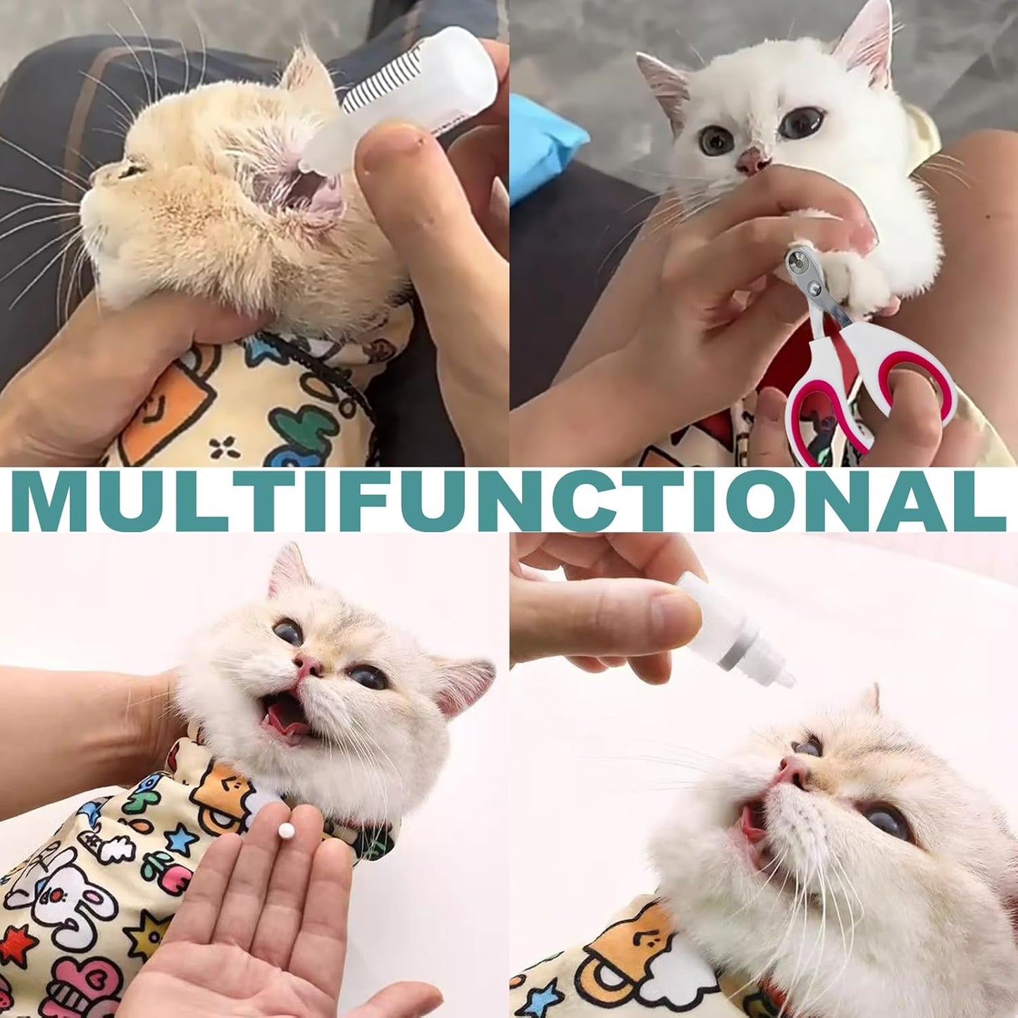 Cat Grooming Wrap for Cutting Nails with Cat Nail Clipper, Self-Adherent Wrap for Ear Cleaning, Anti-Runaway/Scratch, Cat Swaddle Wrap for Calming, Cow White