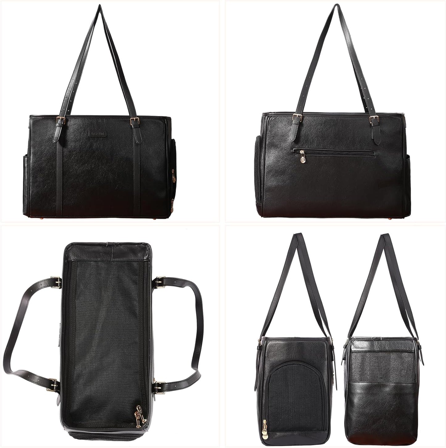 Fashion Dog Purse Pet Carrier Leather Bag for Small Dogs Cats Puppy, Portable Tote Bag Airline Approved Soft-Sided Carriers (Black)