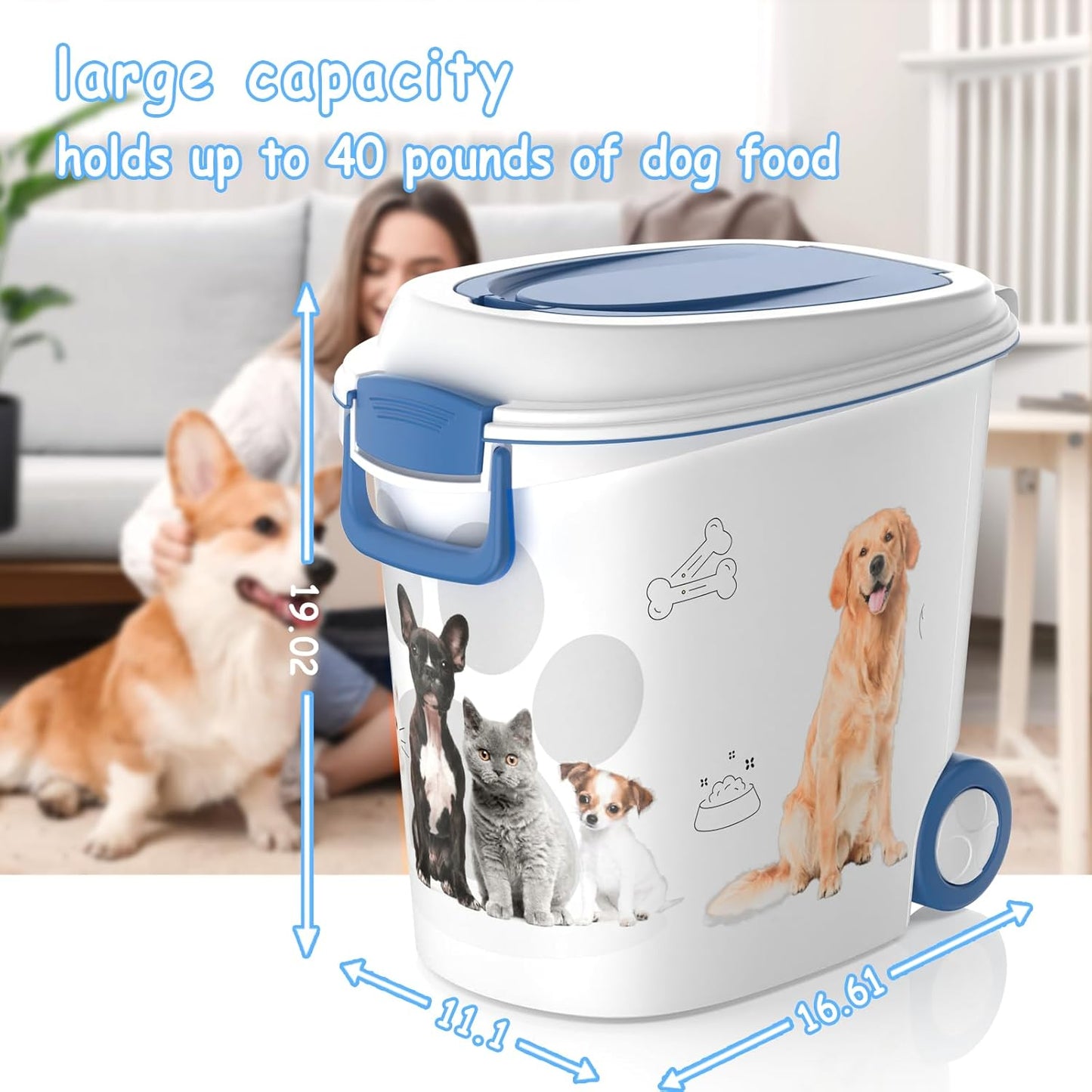 Pet Food Storage Container with Scoop & Slow Feeder Bowl – 40LB Large Capacity Dog Cat Food Dispenser, Durable Resin Dry Kibble Keep Food Fresh Organizer for Dogs Cats Birds, Blue