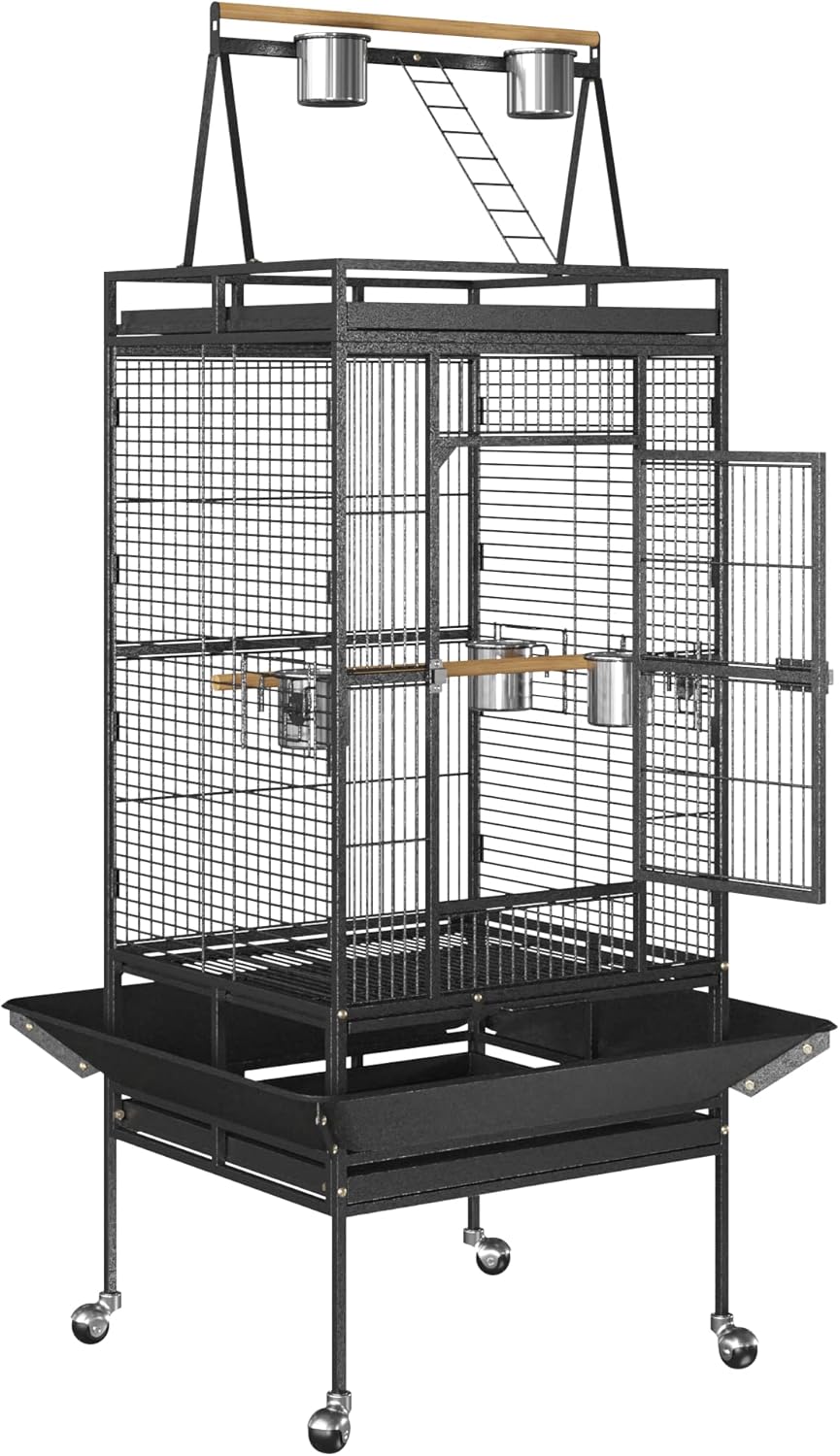 ZENY 68-Inch Birdcage, Playtop Parrot Cage, Wrought Iron Bird Cage with Rolling Stand, Heavy-Duty Pet Bird House for Parrot Cockatiel Cockatoo Parakeet Macaw Finches, Black
