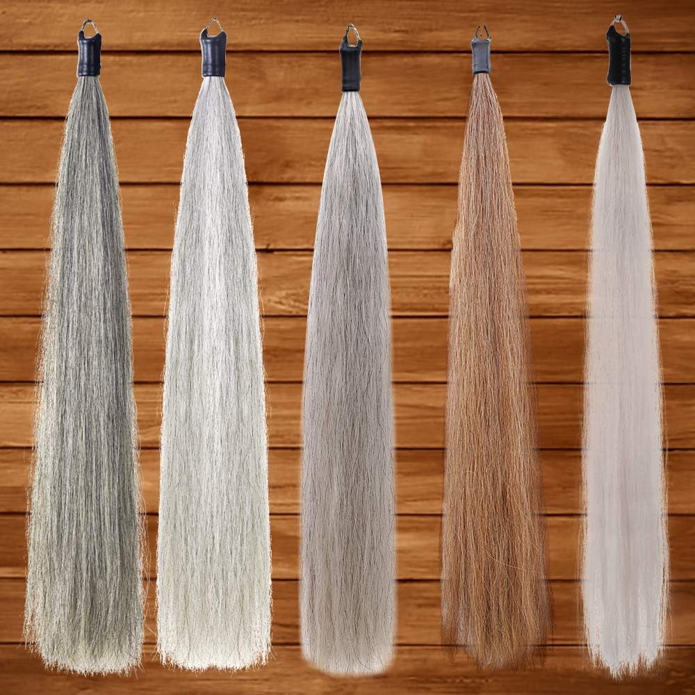 Horse Tail Extensions with Braided Horsehair Loop, Blunt Cut Bottom, 34-36 inches Long and 1 lb Weight (Light Gray)