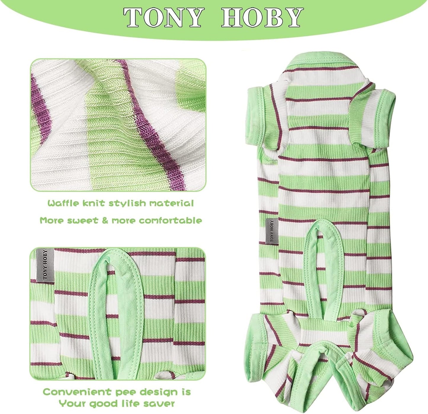TONY HOBY Dog Pajamas, Male Dog Jumpsuit with Green Stripe, Dogs Clothes for Small Medium Size Dogs (Green&White, Boy, S)