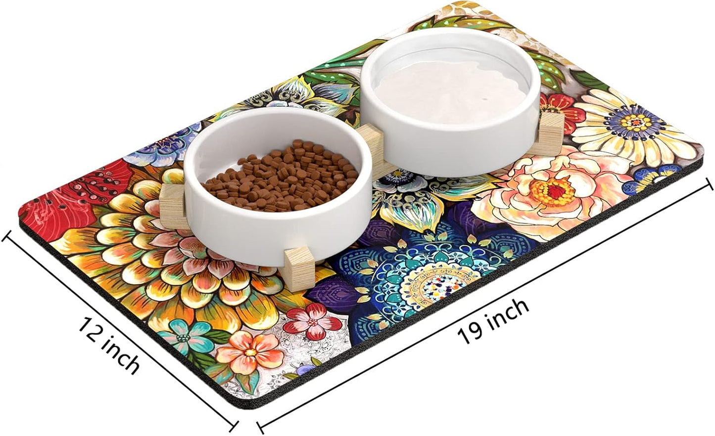 Rnivvi Dog Food Mat, 12" x 19" Flower Absorbent Dog Cat Bowl Mat for Food and Water, Cute Anti-Slip Rubber Pet Feeding Rug Protect Floors, Puppy Placemat for Feeding & Watering Supplies,Mandala Floral