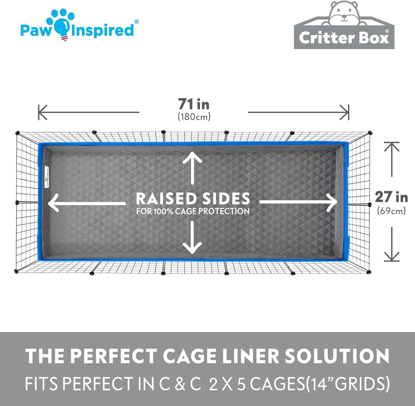Paw Inspired Critter Box | Washable Guinea Pig Cage Liners with Raised Sides | Fleece Bedding for Guinea Pigs Rabbits, Hamsters, Small Animals | Edge Protected Pee Pads (C&C 2x5 (14" Grids))
