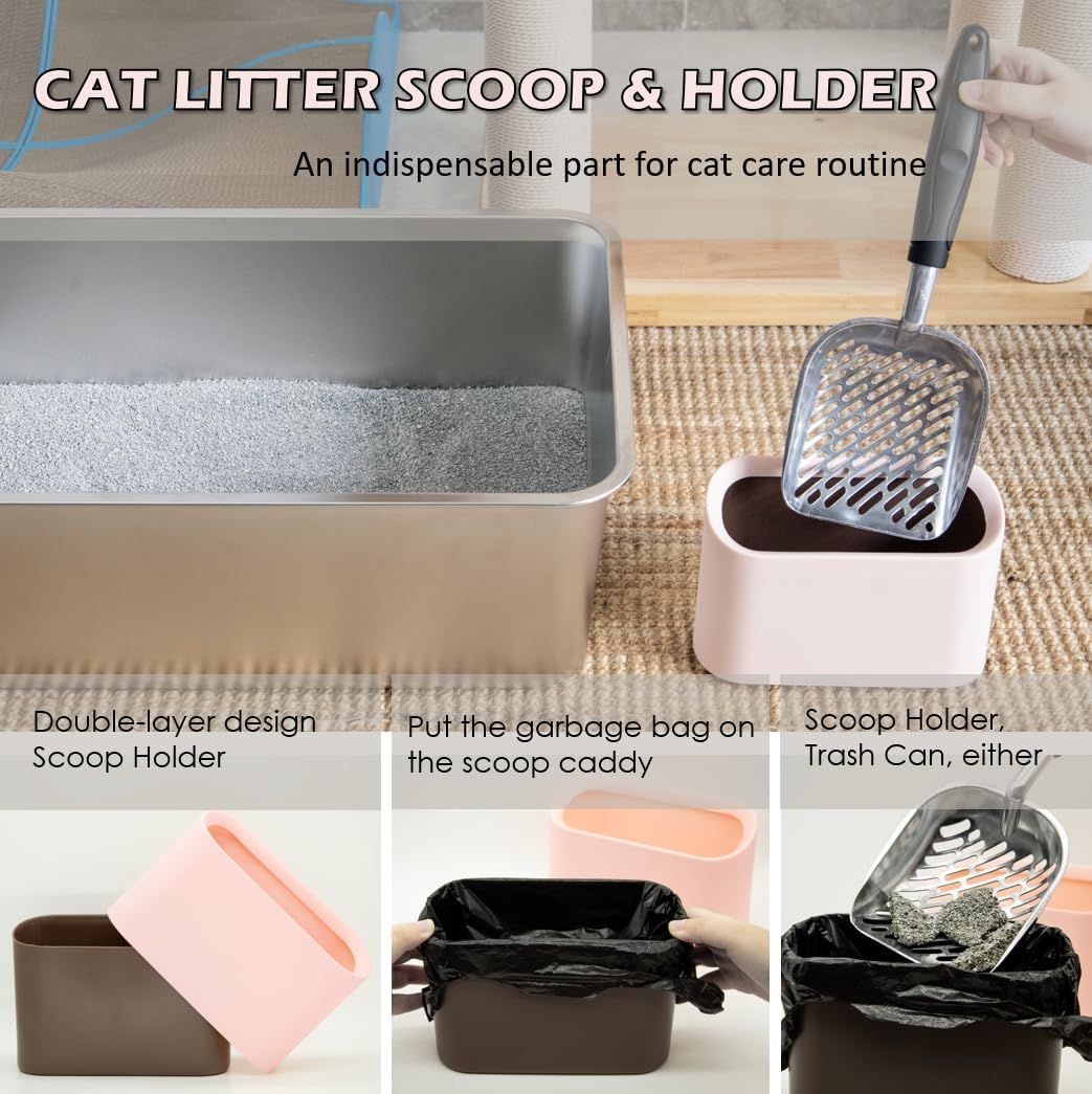 Full Metal Cat Litter Scoop with Holder – Heavy Duty Litter Scooper & Speed Sifter – Aluminum Cat Poop Scooper Captures All Clumps – Washable Stand for Easy Cleaning
