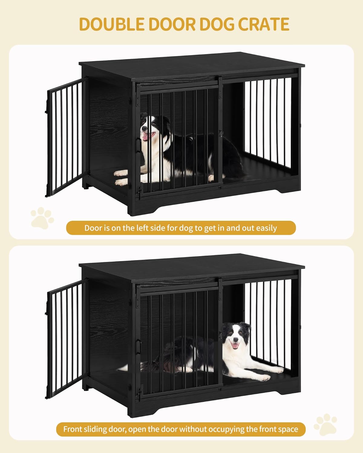 39.3" Dog Crate Furniture with Barn Door, Heavy Duty Dog Kennel Indoor with 2 Doors, Wooden Pet Cage End Table for Large Small Medium Dogs, Anti-Chew Anti-Escape, Black DFC02304B