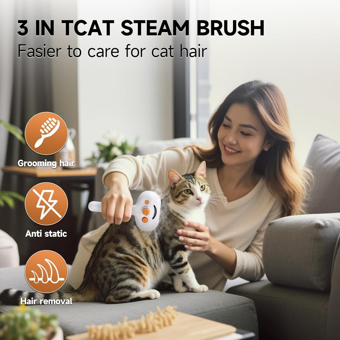 3-in-1 Pet Steam Brush Set for Dogs & Cats, Grooming Comb with Spray, Defur Tool, Water-Assisted Hair Removal, Gentle Cat & Dog Spritz Brush, Multi-Purpose Steam Grooming Kit