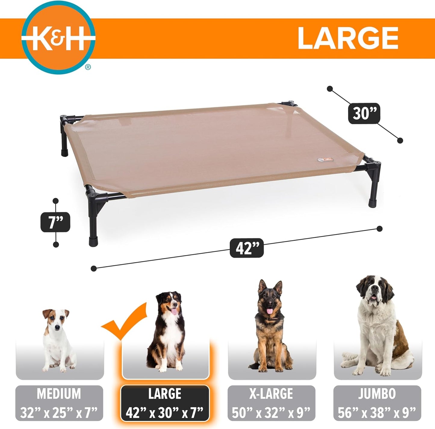 K&H Pet Products Outdoor Elevated Dog Cot, Cooling Raised Bed with Waterproof Breathable Mesh for Large Dogs, Portable Place Bed with Heavy-Duty Metal Frame, Big Hammock Style - Large Tan