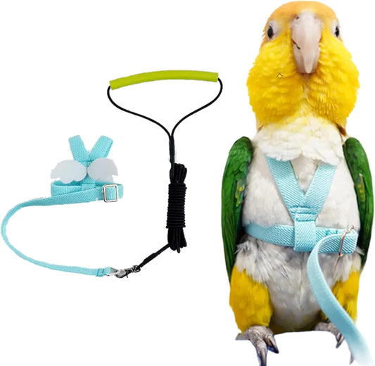 Pet Parrot Bird Harness Leash Adjustable Bird Flying Harness Traction Rope with Cute Wing for Parrots Pigeons Budgerigar Lovebird Cockatiel Mynah Outdoor Training Toy (M, Blue)