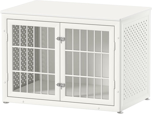 38" Heavy Duty Dog Crate Furniture for Large and Medium Dogs,Wooden Metal Kennel for High Anxiety Dogs, Chew Proof Pet Cage Indoor, Decorative Dog Kennel End Table, White
