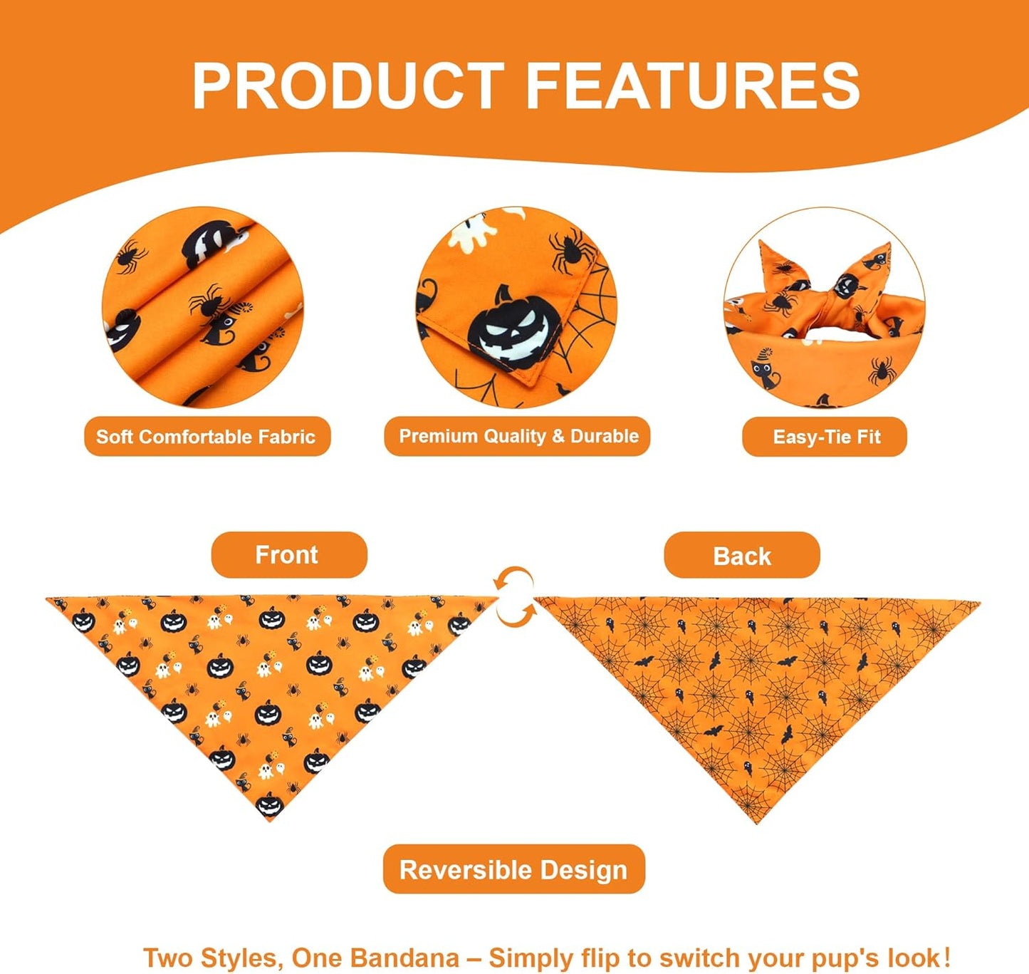 Halloween Dog Bandana for X-Large Dogs - Reversible Orange Jack-o-Lantern & Spiderweb Print Scarf - Soft & Quick-Dry for Costume Parties