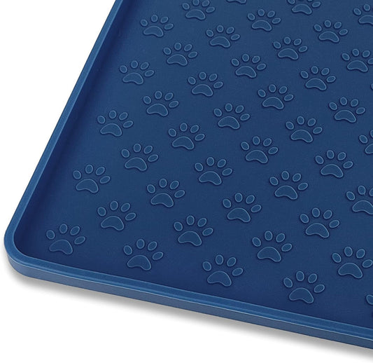 Ptlom Silicone Pet Placemat for Dog and Cat, Waterproof Non-Slip Pet Feeding Bowl Mats for Food and Water, Small Medium Large Tray Mat Prevent Residues from Spilling to Floor, Navy Blue, 24.5" 16.5"