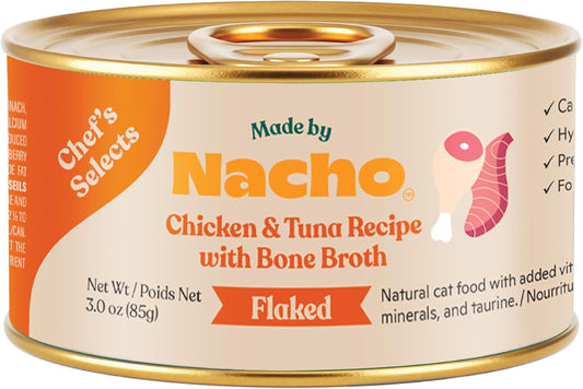 Made by Nacho Flaked Filets Recipe in Bone Broth, Grain-Free Chef's Selects Wet Food for Cats Balanced Diet in Naturally Hydrating Pumpkin-Infused Broth (3.0 oz (Pack of 12), Chicken & Tuna)
