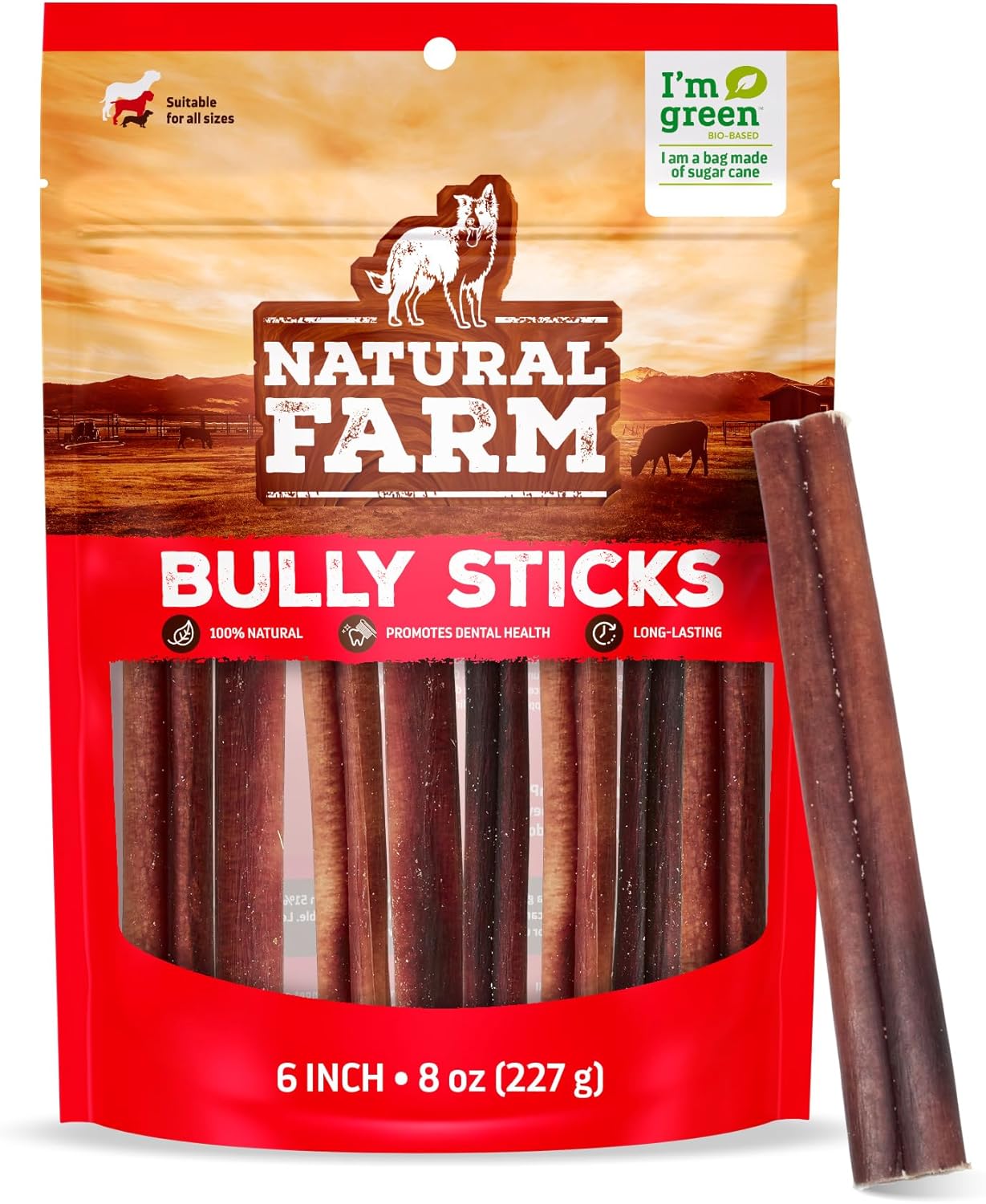 Natural Farm Odor-Free Bully Sticks (6”, 8oz) All-Natural Long-Lasting Chews, 100% Beef Pizzle, Grass-Fed, Grain-Free, Hormone-Free, Protein for Muscle Development & Energy, Perfect for Medium Dogs