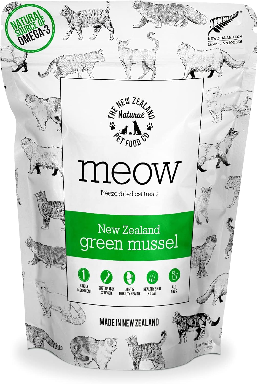 Meow Freeze Dried Cat Treats - New Zealand Green Mussel, High Protein, Healthy Cat Snacks and Toppers, All Natural for All Life Stages, 1.76 oz