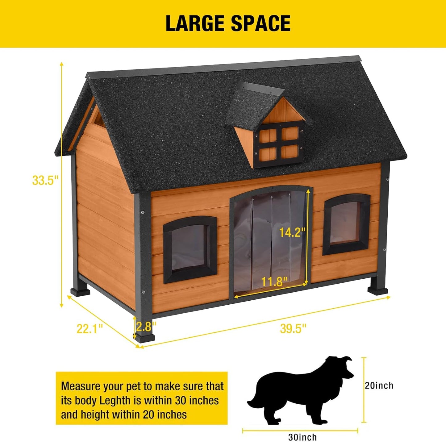 Aivituvin Large Dog House Anti-Chewing Metal Frame Design Insulated Wooden Dog Kennel with Unique Design Roof, Weatherproof Dog House for Outdoor Indoor
