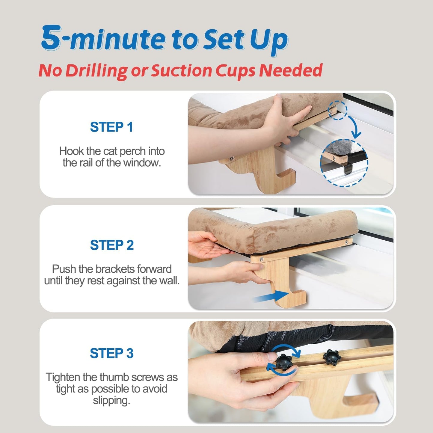 Cat Perch for Window Sill with Bolster - Orthopedic Hammock Design with Premium Hardwood & Robust Metal Frame - Cat Window Seat for Large Cats and Kittens - Dark Stained Wood with Gray Bed