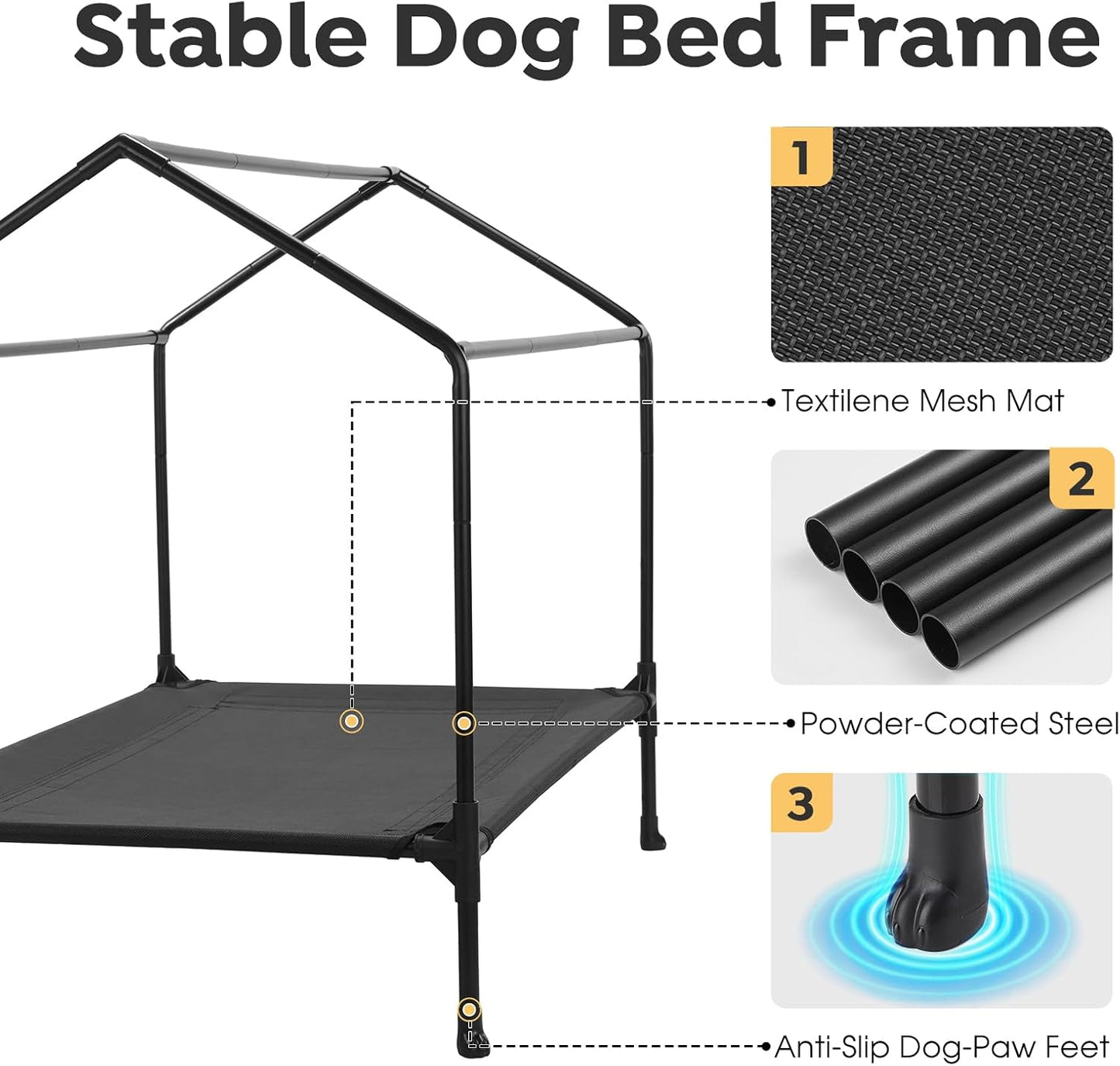 Veehoo 29" Dog House, 2-in-1 Small Dog House Outdoor Indoor Weatherproof, Outside Elevated Dog Cot Bed Dog Tent Shade, Three-Sided Breathable Mesh Windows and Sunshades, CWC2435CP