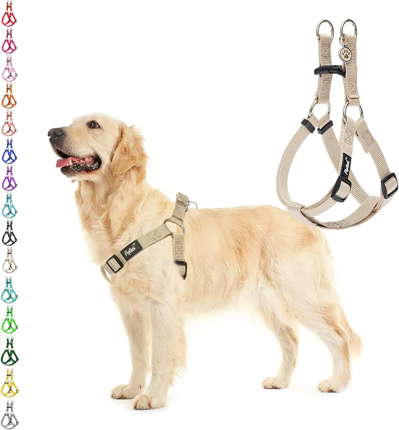 PUPTECK No Pull Dog Harness Soft Adjustable Basic Nylon Step in Puppy Vest Outdoor Walking with ID Tag Medium Cream
