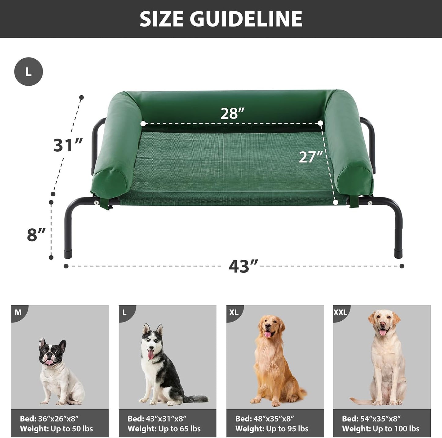 RRPETHOME Large Elevated Cooling Dog Bed, Raised Dog Cot Beds for Large Dogs, Elevated Outdoor Pet Cot, Chew Proof Portable Cooling Pet Cot with Skid-Resistant Feet and Breathable Mesh