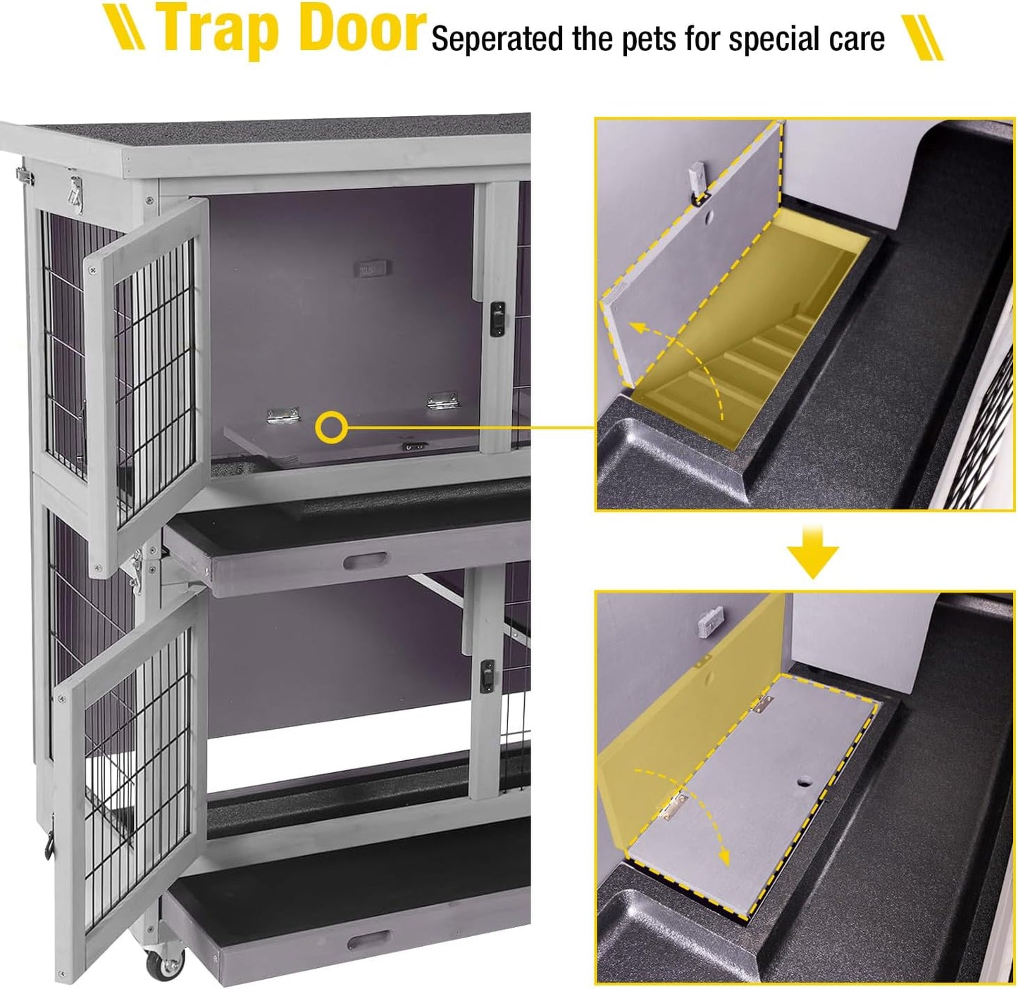 Aivituvin Rabbit Hutch Indoor, Folding Bunny Cage with Two Story, Rabbit Cage with Wheels, Anti Slip Ramp
