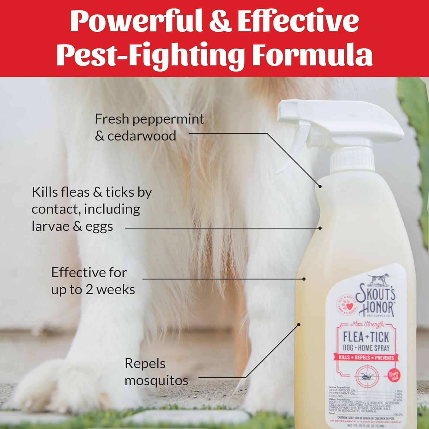 Skout's Honor Flea and Tick Dog & Home Spray - Natural Peppermint & Cedarwood Formula, Helps to Protect from Fleas, Ticks, and Mosquitos, 28 oz