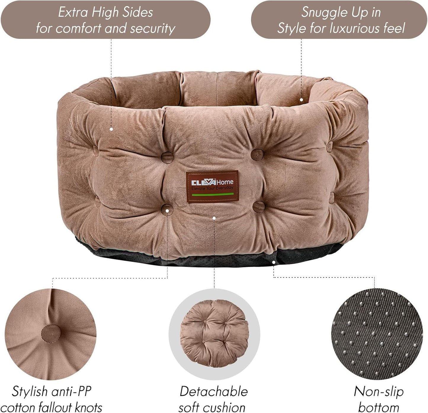 ClevaHome Deep Nest Cat Bed for Small Pets up to 15lbs - Round Cat Beds for Indoor Cats, Luxurious Velvet Feel, Extra High Sides, Machine Washable Comfort Pet Bed with Non-Slip Bottom (Warm Beige)