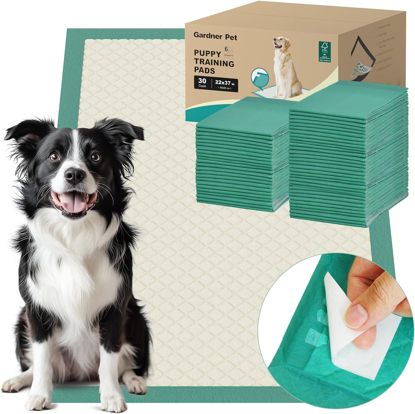 Gardner Pet Dog Pee Pads Extra Large 22"x37", 30 Count, Puppy Pee Pads with Adhesive Sticky Tape, Leak Prevention Disposable Training Bed Pads for Doggie, Cat, Rabbit, Suitable for Crate/Cage