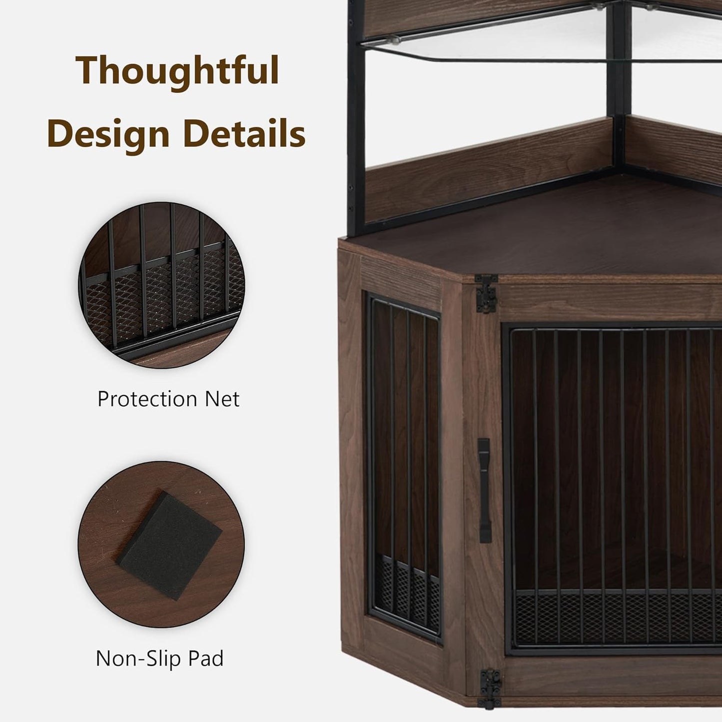 MCombo Small Corner Dog Crate Furniture with Glass Shelves, Wooden Dog Kennel Furniture with Door, Pet Crate Indoor Use, CN17 (Brown)