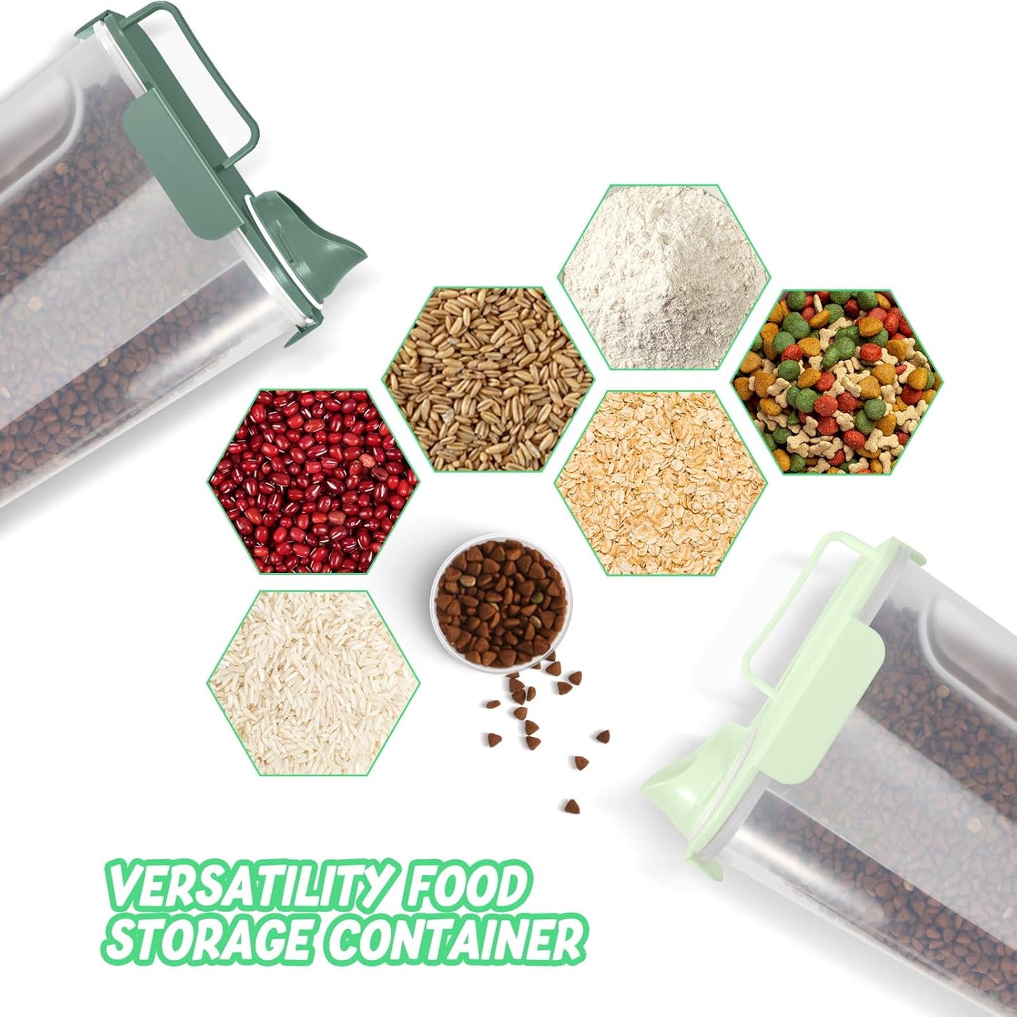 Dog Food Storage Container, Upgraded Large Nozzle BPA-free, 8-12 LBS Plastic Pet Food Storage Containers, With 4 Sealed Clasps, 1 Measuring Cup and Handle (2, Green+Dark Green, 5L)