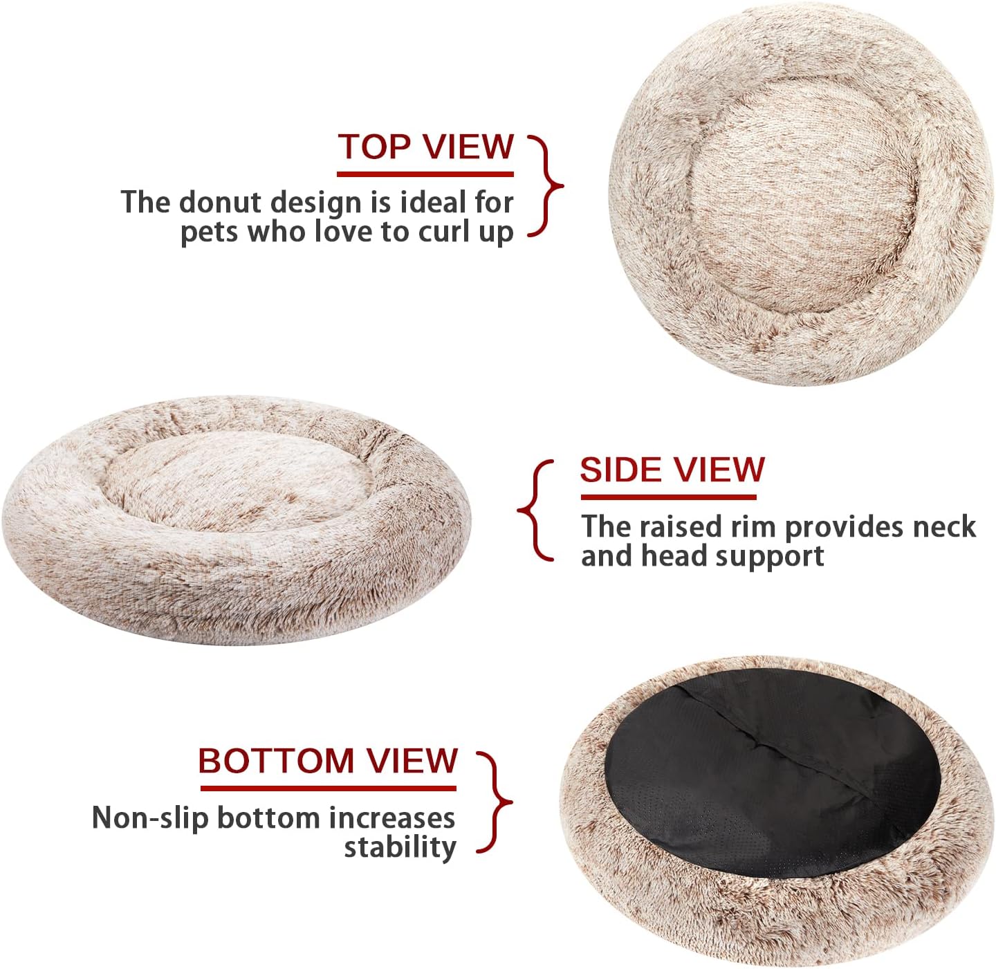 Bedfolks Calming Donut Dog Bed, 36 Inches Round Fluffy for Large Dogs, Anti-Anxiety Plush, Machine Washable (Brown, Large)