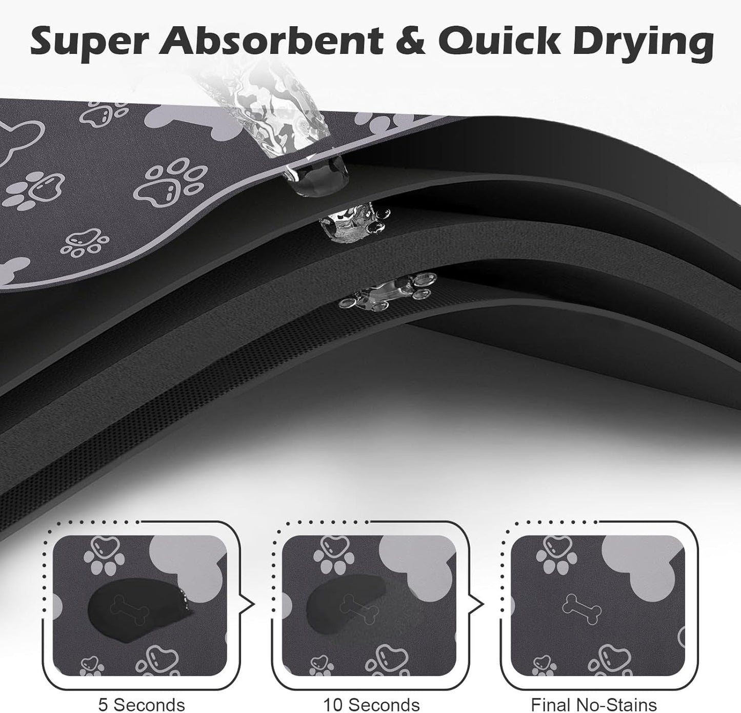 Dog Cat Food Mat,Rapid Absorbent Pet Feeding Mat, Bone Shaped Dog Placemat Water Bowl Mat with Rubber Backing,No Stains Dog Cat Food Mats Indoor, Pet Accessories Supplies 12"x18" Dark Grey