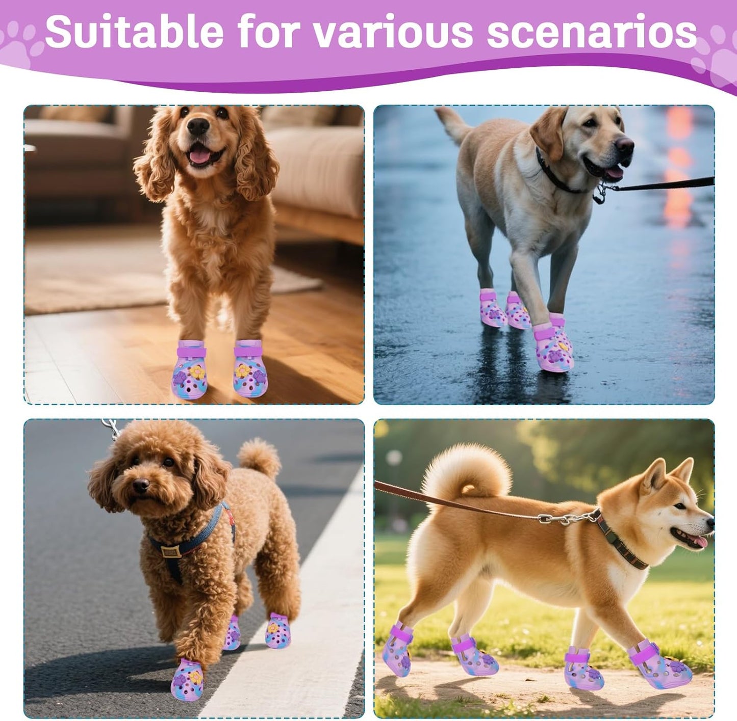 Dog Shoes for Hot Pavement, Adjustable Magic Tape Boots for Small, Medium & Large Dogs, Anti-Slip, Easy to Clean Paw Protectors for Beach, Outdoor & Hot Weather (Purple S)