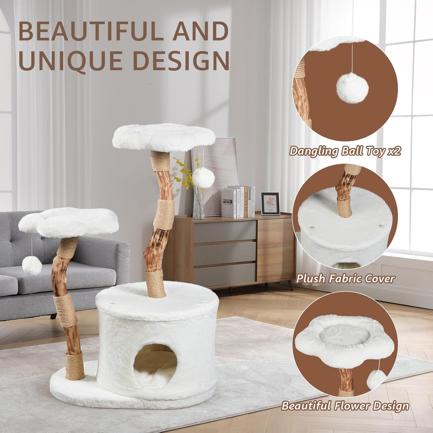 NATURAL EXPRESSIONS Modern Cat Tree and Tower for Indoor, Luxury Solid Wood Condo for Large Cats, Flower Cat Tree with Scratching Post, Cat Climbing Furniture with Cat Hiding Enclosure