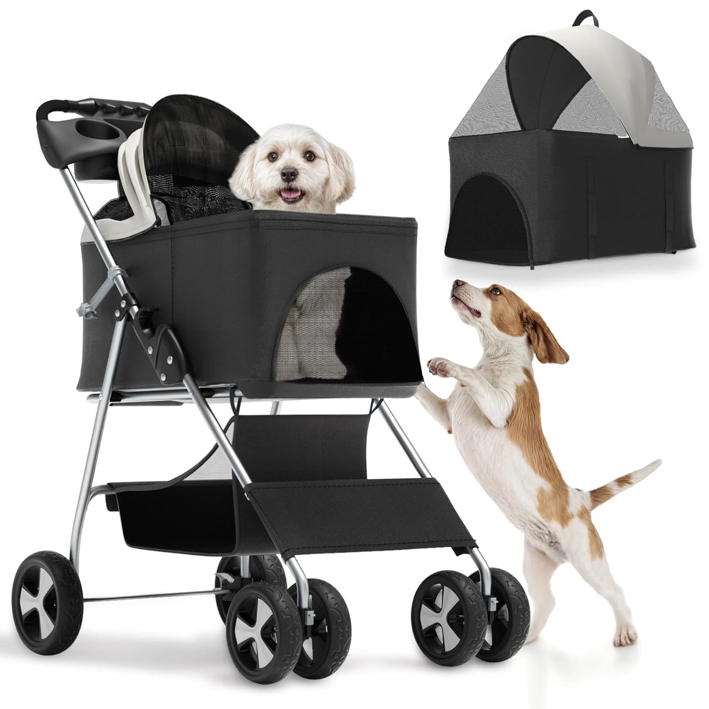 Magshion Foldable Pet Stroller, 3-in-1 Dog Travel Jogger with Detachable Carrier, Cup Holder, Storage Basket, Folding Carrier for Small/Medium Dogs & Cats Up to 33 lbs, Black