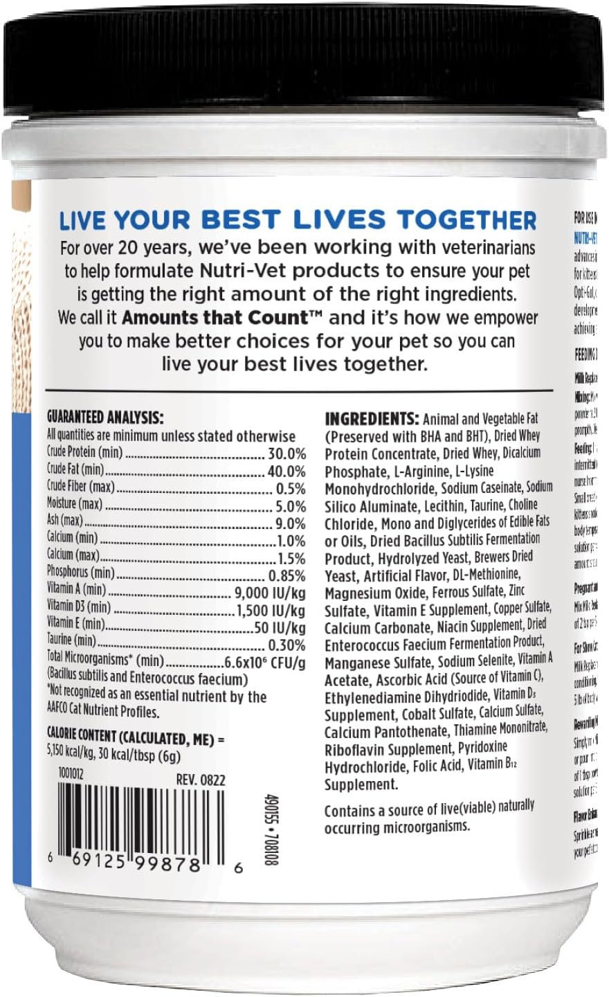 Nutri-Vet Milk Replacer For Kittens, Powdered Milk, Kitten Essentials, Cat Care, Veterinarian Recommended Cat Essentials, Whelping Supplies, Nursing Supplies, 12oz