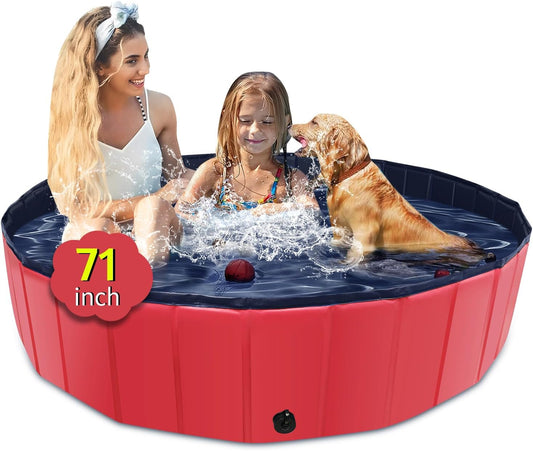 Foldable Dog Pool, 71" x 14" Large Kiddie Pool with Hard Plastic, Non-Slip Dog Bath Tub for Outdoor Backyard, Collapsible Dog Swimming Pool for Kids Dogs Pets (Red)
