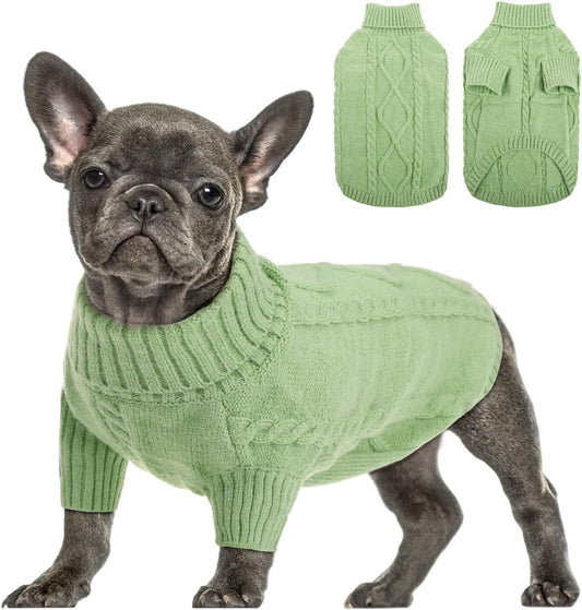 Queenmore Small Dog Pullover Sweater, Cold Weather Cable Knitwear, Classic Turtleneck Thick Warm Clothes for Chihuahua, Bulldog, Dachshund, Pug, Yorkie (Green, X-Large)